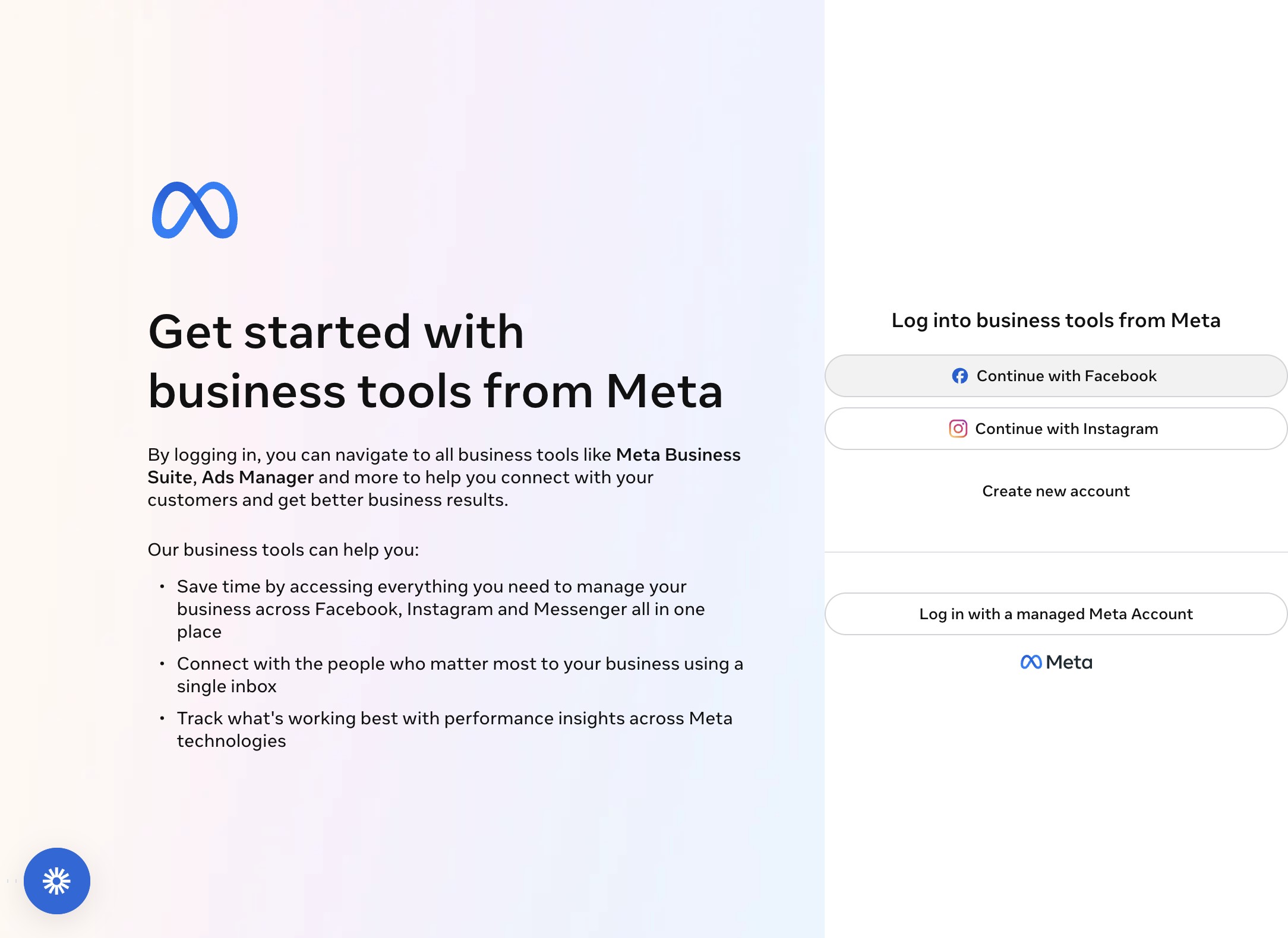 Meta business tools login screen