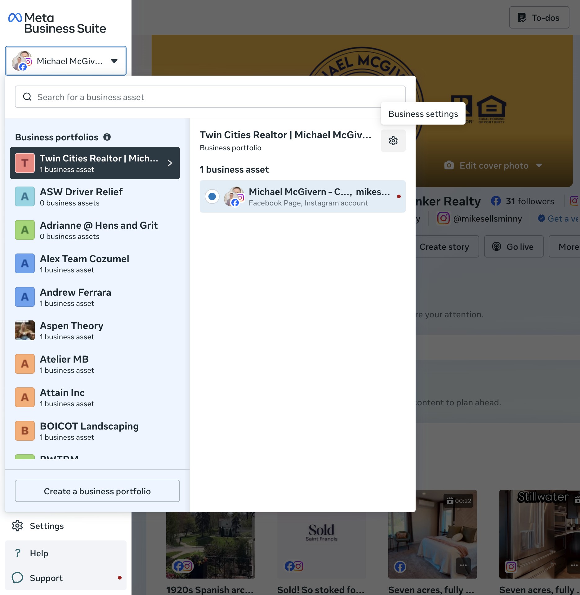 Business portfolio switcher panel with the Business settings gear icon