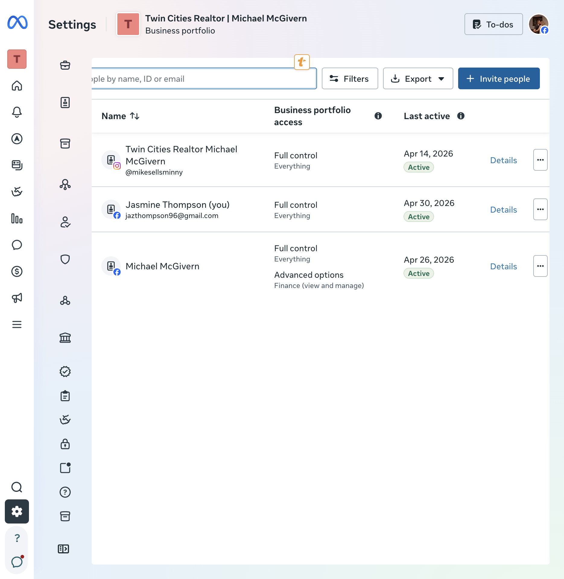 Business Settings People list with the Invite people button