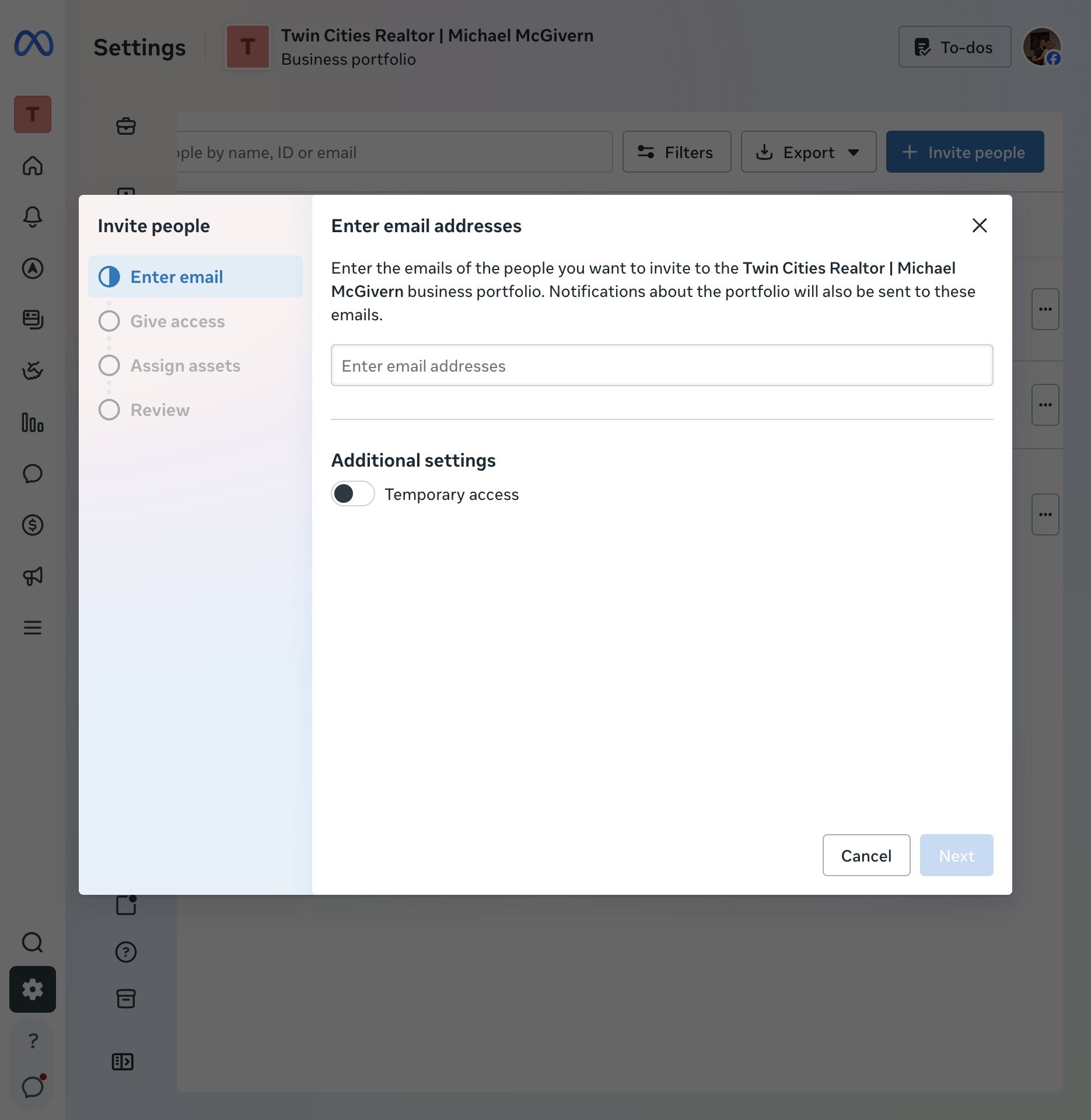 Invite people modal, enter email address step