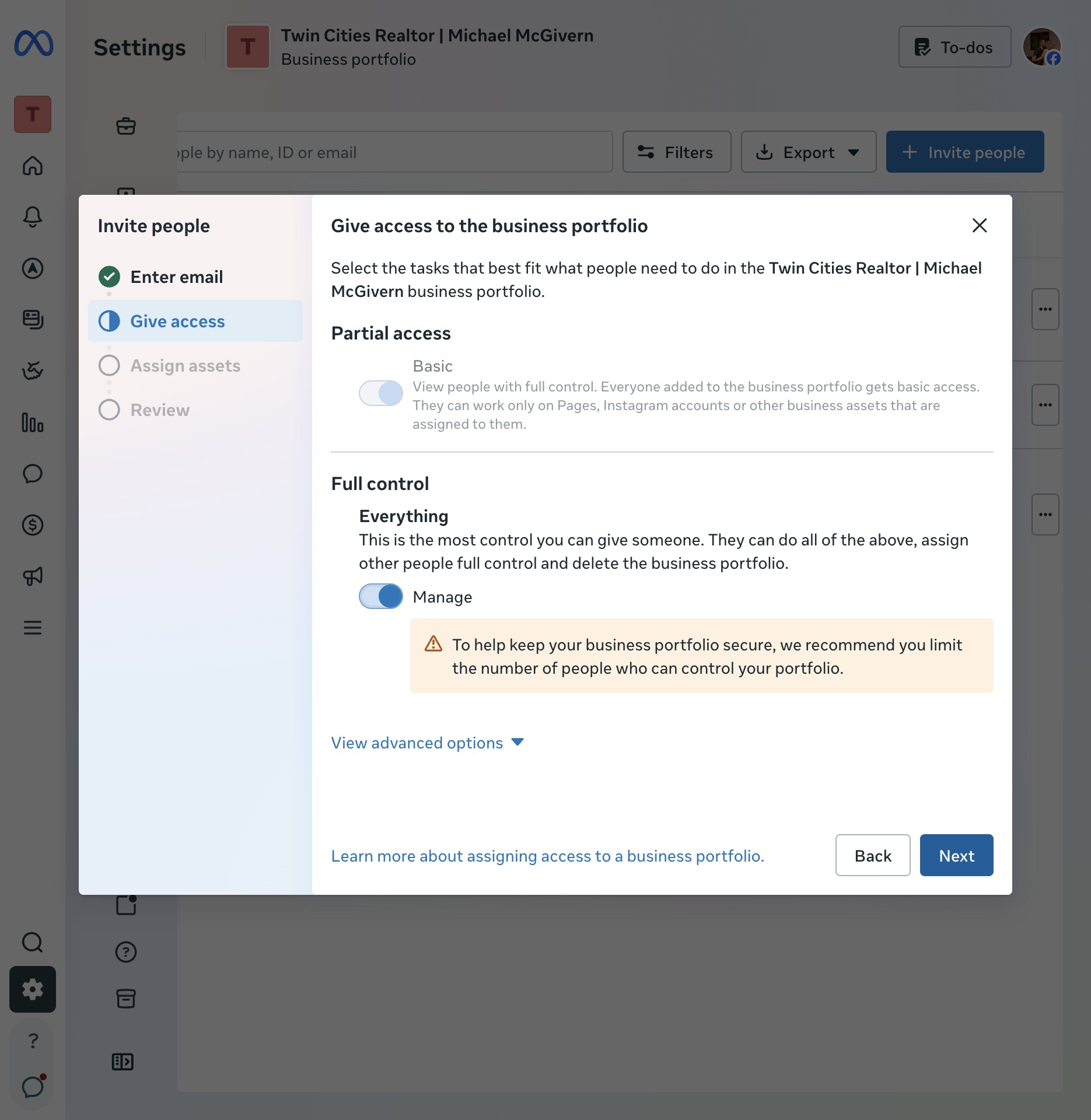 Give access step with Full control Everything toggled on