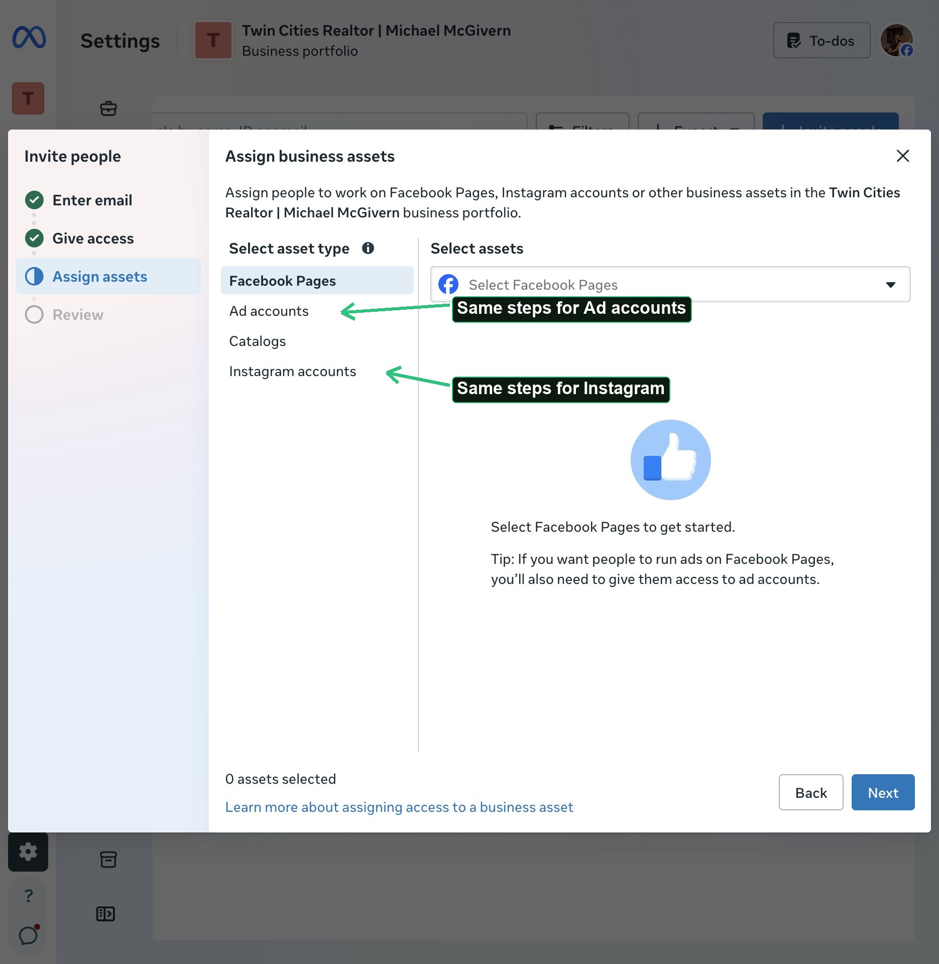 Asset type list with arrows showing where Instagram and Ad accounts are