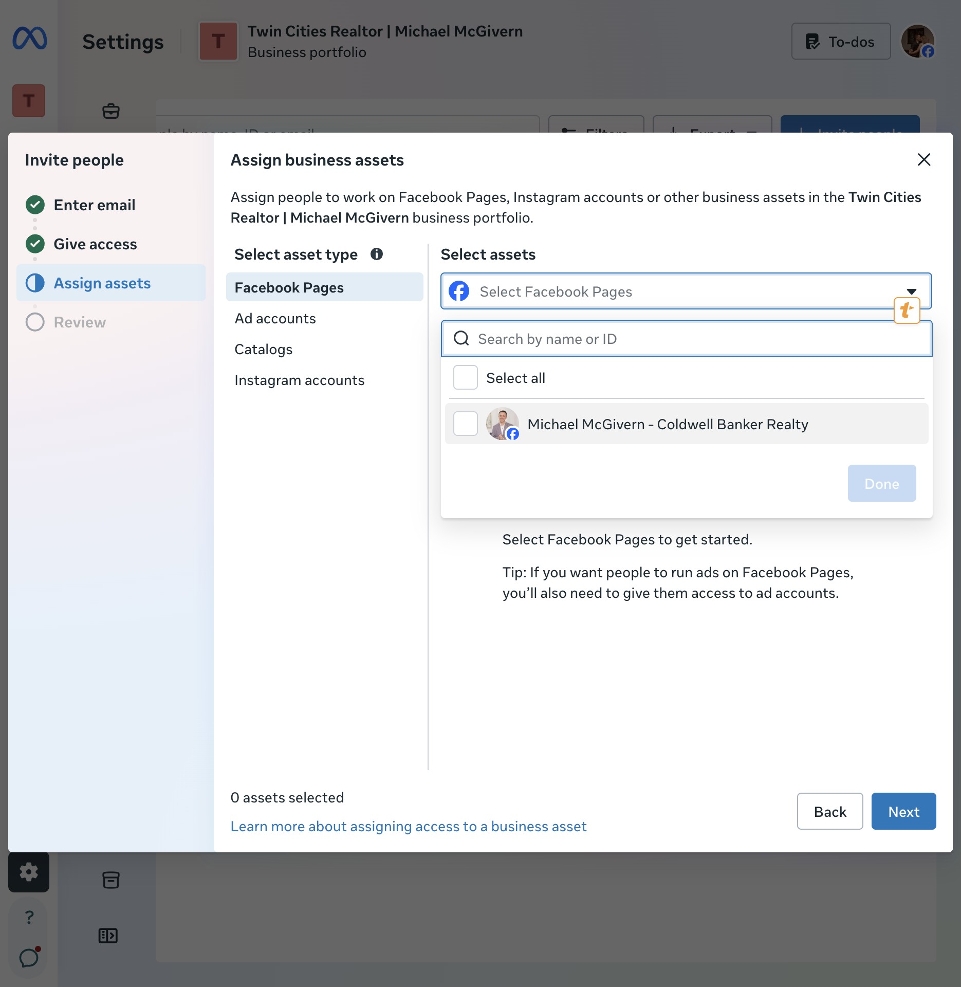 Selecting a Facebook Page from the dropdown